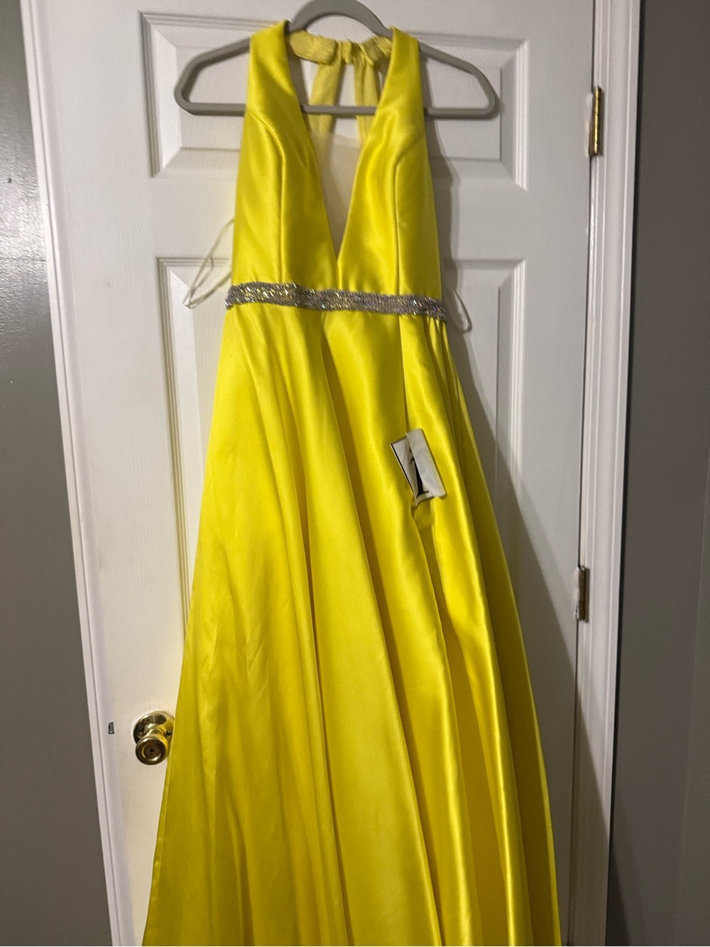 Bright Yellow Halter Satin Evening Gown with Beaded Waist